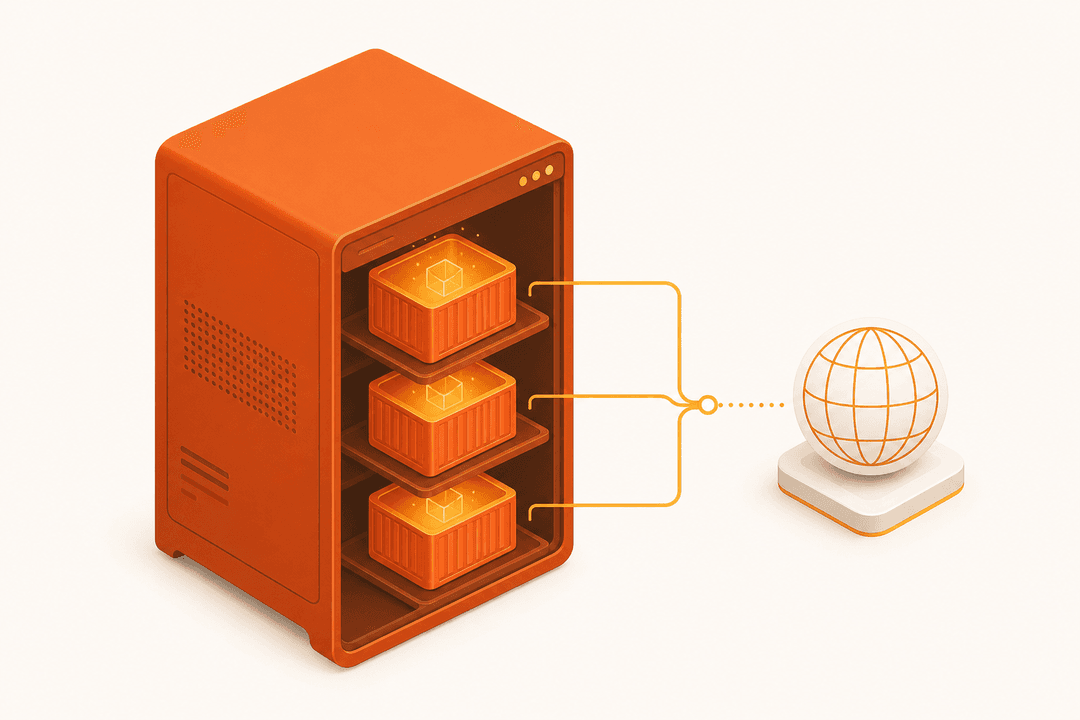 Isometric illustration of a server hosting multiple sandbox projects with a public deploy target